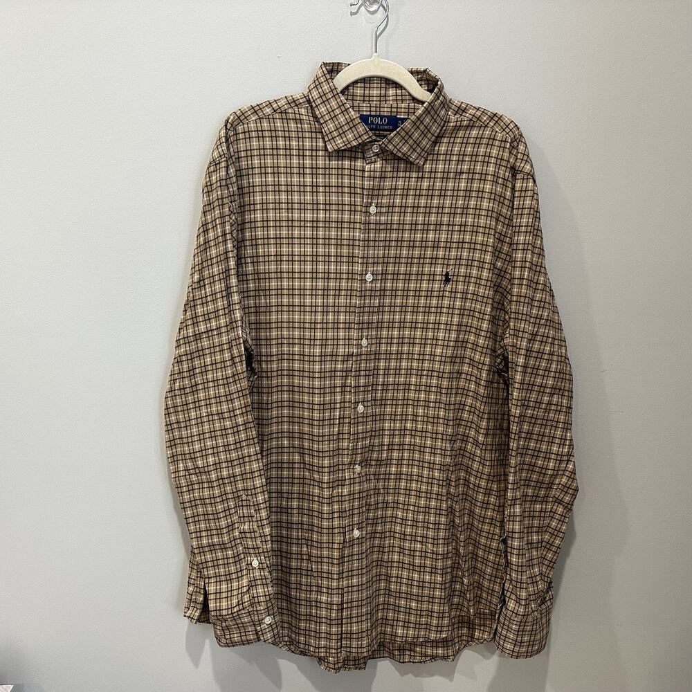 Polo Ralph Lauren Men’s‎ Classic-Fit Plaid Shirts Brown Tan X-Large EUC